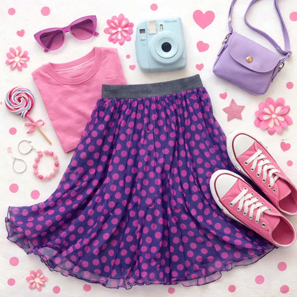 She’s Cool Pleated Polka Dot Skirt 1X Purple Pink Chiffon Midi Elastic Waist - Picture 2 of 13